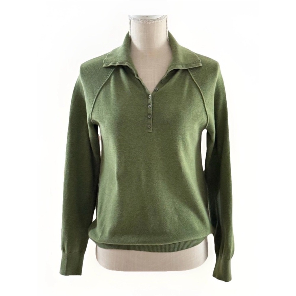Eddie Bauer Women Green Cotton Cashmere Henley Sweater Collared Raglan Medium